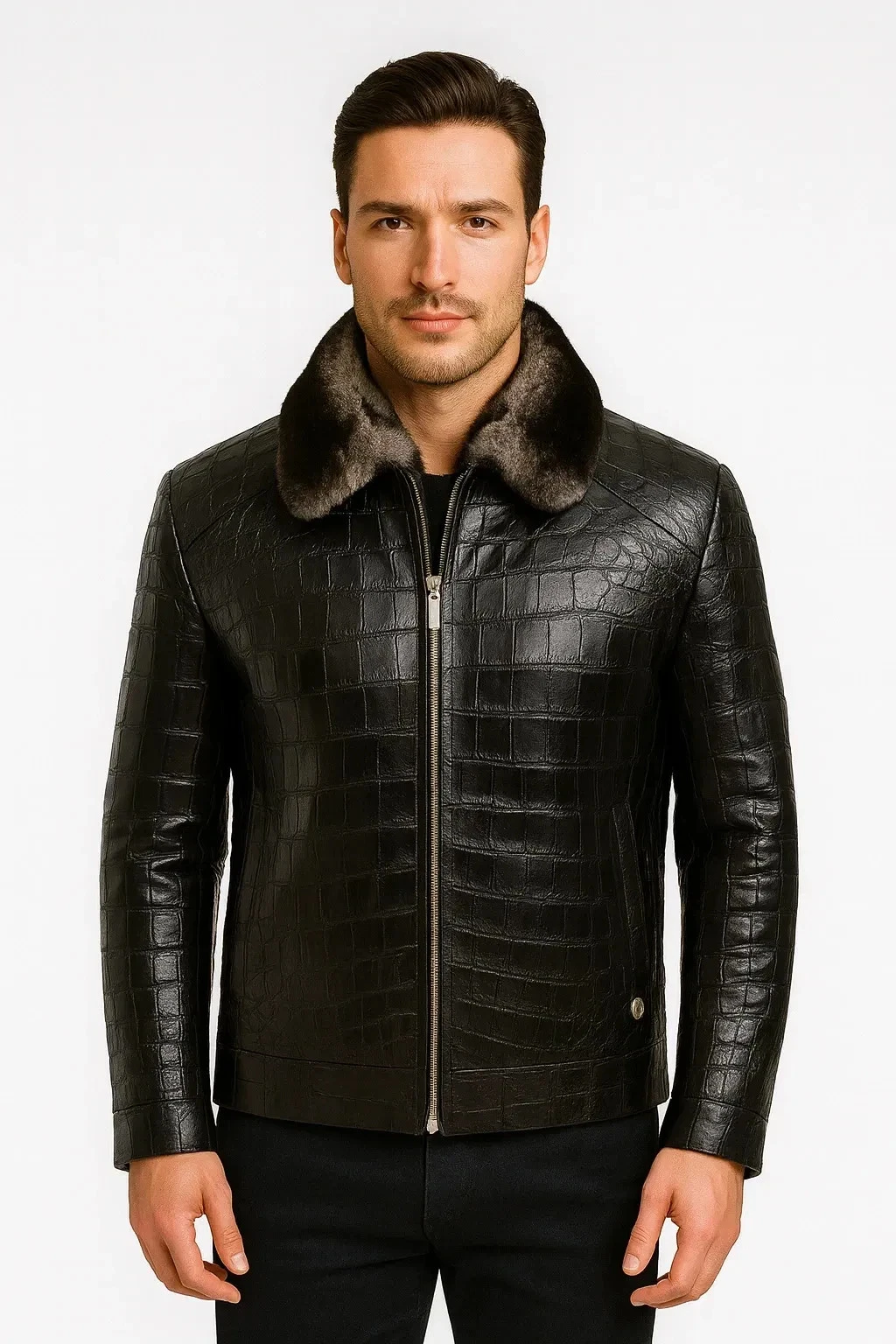 Men's Genuine Lambskin Crocodile Leather Jacket Black Fur Collar Luxury Coat