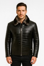 Giacca uomo vera pelle di agnello coccodrillo nero collo pelliccia cappotto lusso