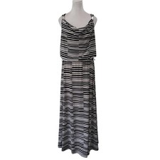 Calvin Klein Size M Black White Striped Maxi Dress Sleeveless Cowl Neck