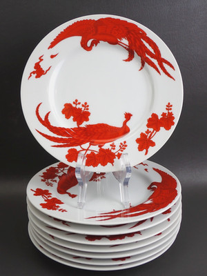 SET 8 Vtg Neiman Marcus Fine China Red Peking Peacock 7 3/4'' Salad Plates Japan
