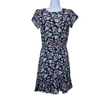 Loft Womens Short Sleeve Blue Floral Ruffle Hem Mini Dress Sleeve XSP NWT