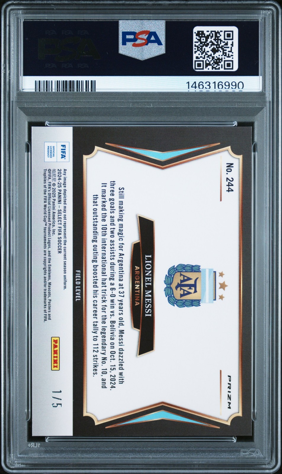 2024-25 PANINI SELECT FIFA GREEN #244 LIONEL MESSI 1/5 PSA 9 view 2