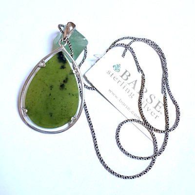 NEW BARSE Necklace Sterling Silver Green Jade Pendant Removable 24  NEW W/ TAG