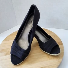 COACH AND FOUR Womens Sz 8.5 Espadrille Sandals Wedge Open Peep Toe Black Canvas