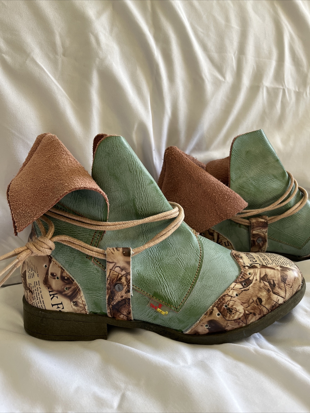 TMA EYES 1991 Tie-Accent  Green Leather Slip-on Ankle Boot Comfort Women's US8.5