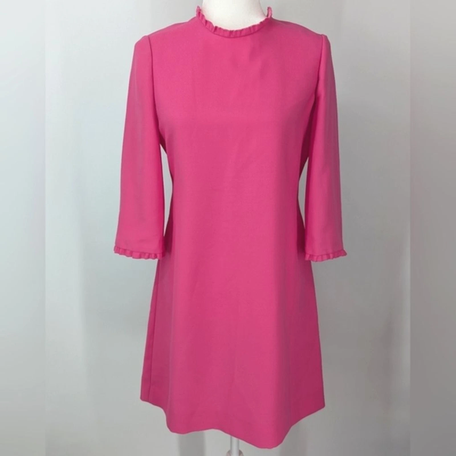 Mini abito Kate Spade New York rosa caldo vertiginoso collo arricciato maniche lunghe 3 4