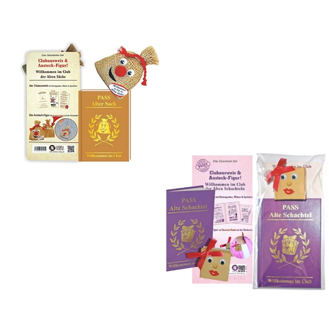 Thumbnail - Geschenk Set Alter Sack Alte Schachtel Buch Mit Ansteckfigur Pass