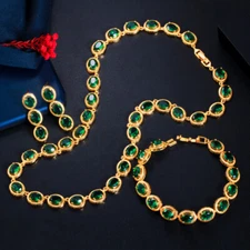 Yellow Gold Plated CZ Choker Necklace Earrings Bracelet Party Fine Jewelry Set