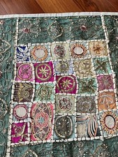 INDIAN BEADED CUSHION PILLOW COVER PATCHWORK EMBROIDERY VINTAGE GREEN