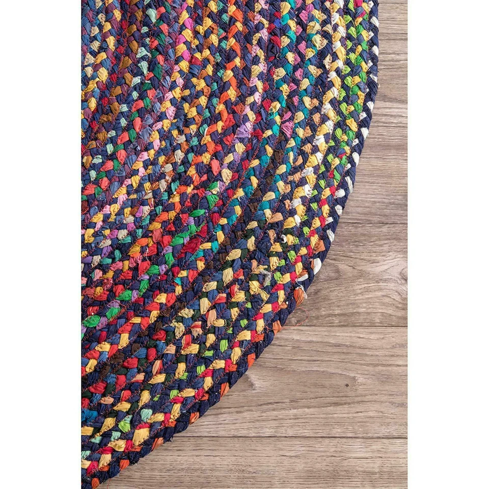 Alfombra redonda de algodón azul trenzada a mano alfombra de aspecto rústico para sala de estar alfombra interior Foto 4 de 4