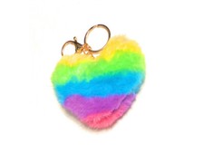 4" Multicolor Heart Faux Fur Pom Pom w/ Lobster Clasp Keychain