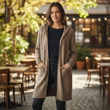 Sejour Womens 2X Hooded Long Cardigan Sweater Coat Taupe Wool Mohair Blend