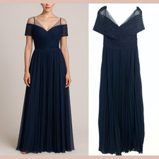 NEW ALEXANDER BY DAYMOR  6  Off Shoulder Wrap Bodice Pleated Gown Blue J1908