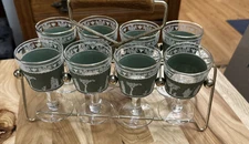 VTG Jeannette Glass "Hellenic Green" Cordial Glasses With a Carrier. SET of 8