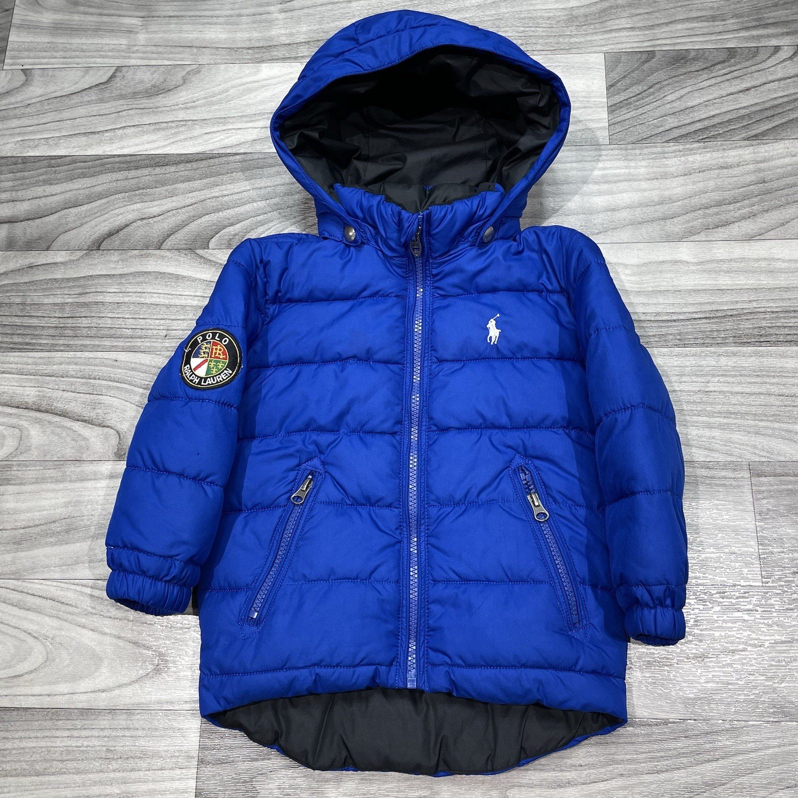 Polo Ralph Lauren bambino 2 2T grande pony con cappuccio piumino cappotto blu giovane