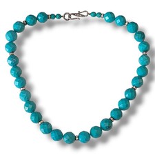 Faceted Turquoise Color Stone Bead Necklace 16" Blue Beaded Statement Jewelry