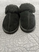 PAWZ by BEARPAW Shearling Lined Slip-On Slippers Black Suede Fur Trim Women