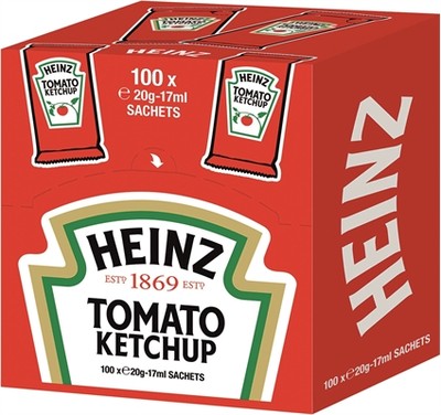 (6,46 /1kg) Heinz Ketchup Portionsbeutel 100 x 17g - einzeln verpackt