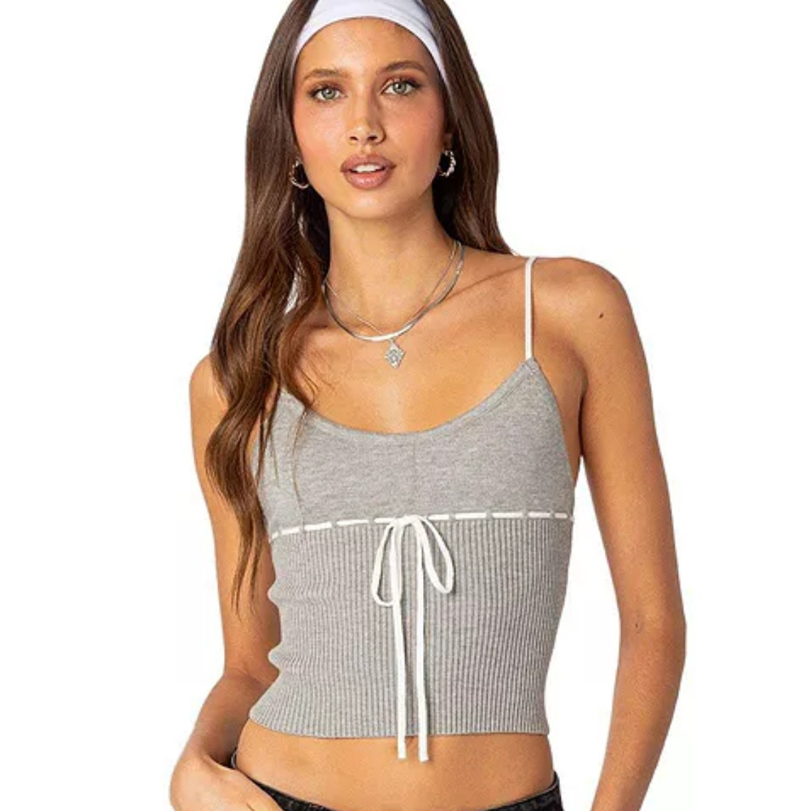 Edikted Emily Gray Knit Mini Crop Bow Tie Y2K Ribbed Stretchy Tank Top Small
