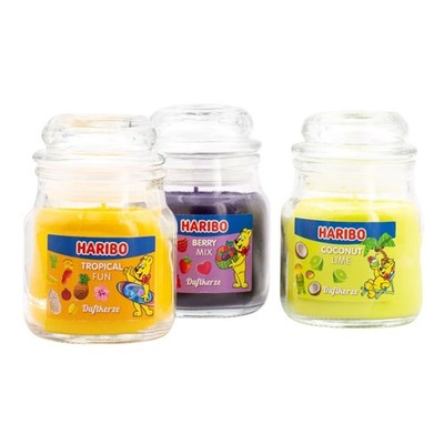 (84,31 EUR/kg) Haribo Duftkerzen 3er Set 255g Berry Mix, Coconut Lime, Tropical