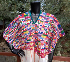 Old vintage Handwoven Guatemalan Huipil Embroidered Blouse poncho top textile 2