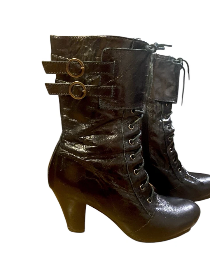 Miz Mooz “ Jules” Black Patent Leather Lace Up Buckle Heel Ankle Boots Size 7.5 - Image 2 of 4