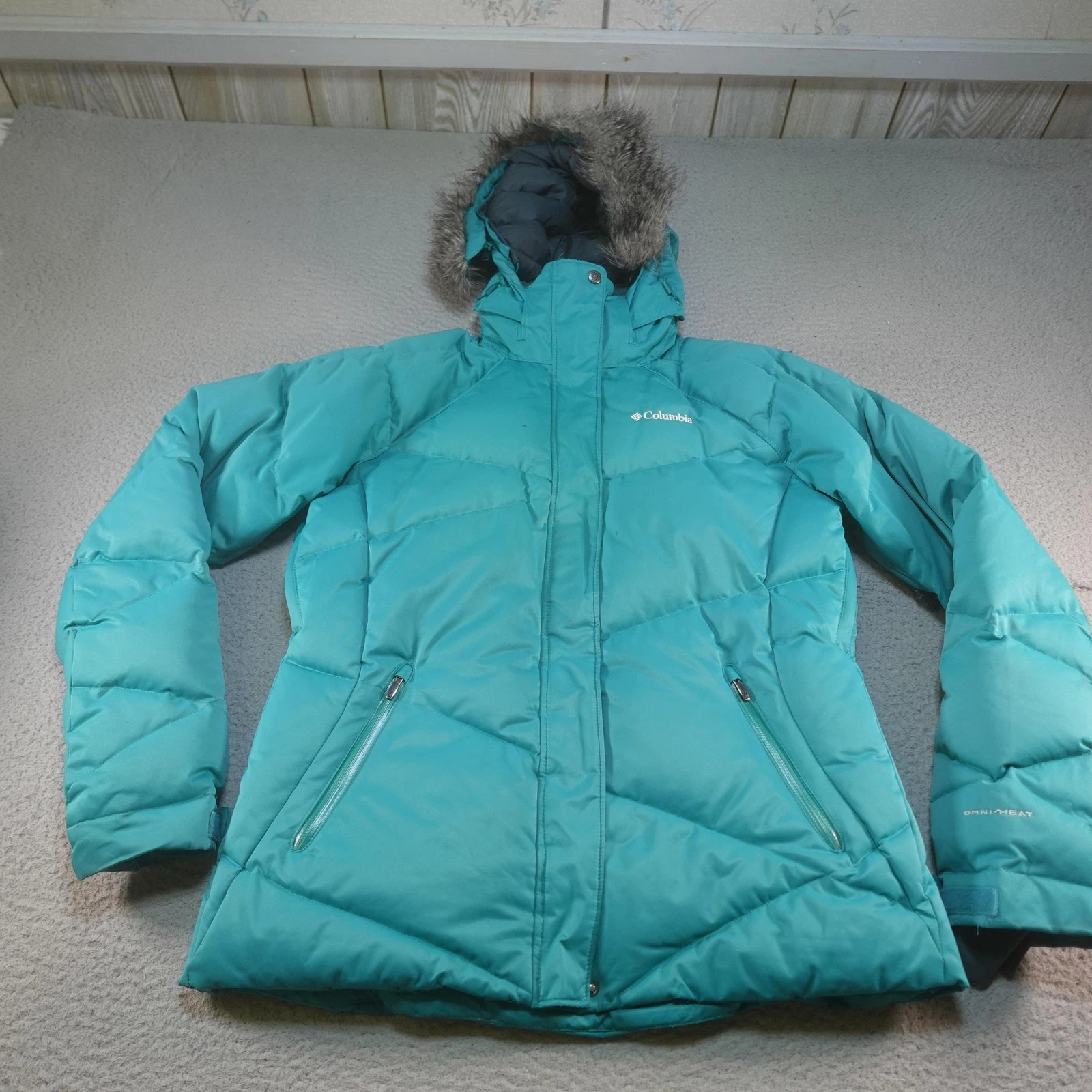 Columbia Puffer Jacket Womens Large Blue Down Omni Heat Hooded Fur Trim Ski Snow