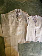 Men’s Beige Solid 3-Piece Suit Set Jacket Vest Pants Regular Size 42
