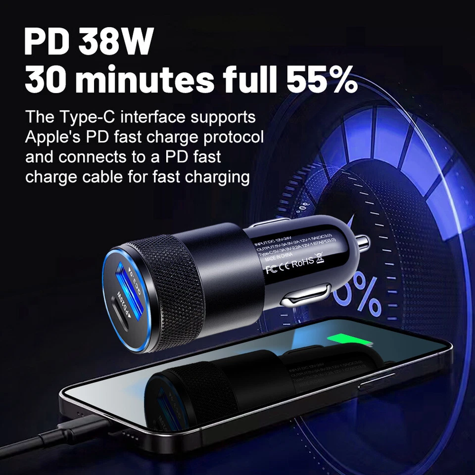 Adaptador 12V 38W PD USB C/QC USB A telefone de carro carregador rápido plugue isqueiro - Imagem 3 de 4
