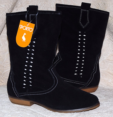 New SPORTO Black Suede Winter Calf Boots Flat heel Bridget