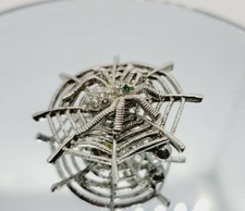 Spooky Crystal Rhinestones Spider On web Brooch Pin Silver tone Green Eyes