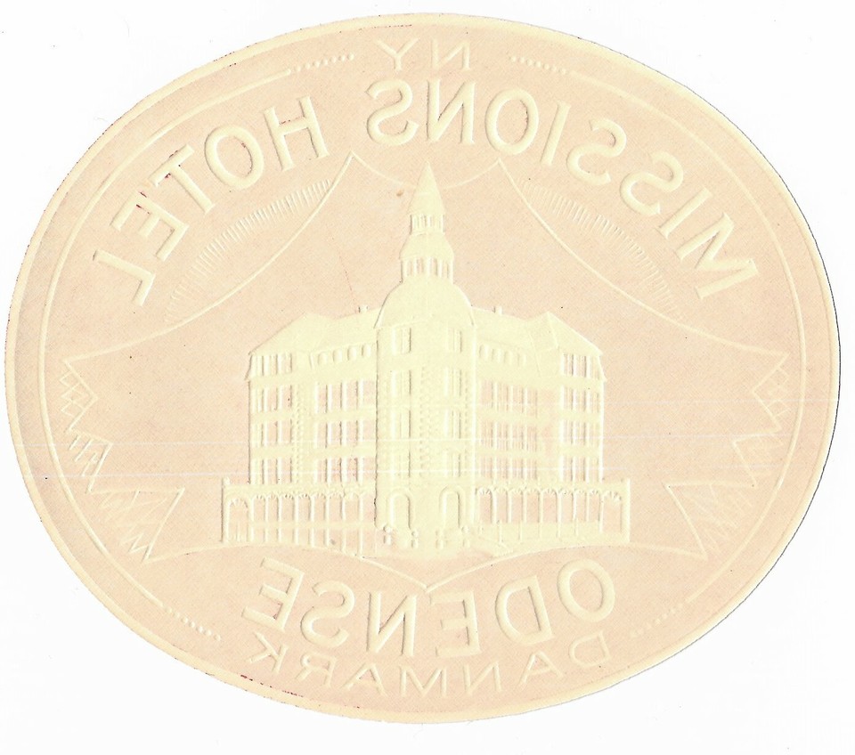 Vintage NY Missions Hotel Odense Denmark Baggage Luggage Label Embossed