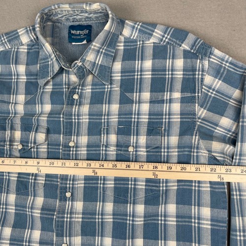 Camisa Denim Wrangler De Colección Para Hombres Grande Perla A Presión Azul Cambray Colas X Largas - Imagen 10 de 19