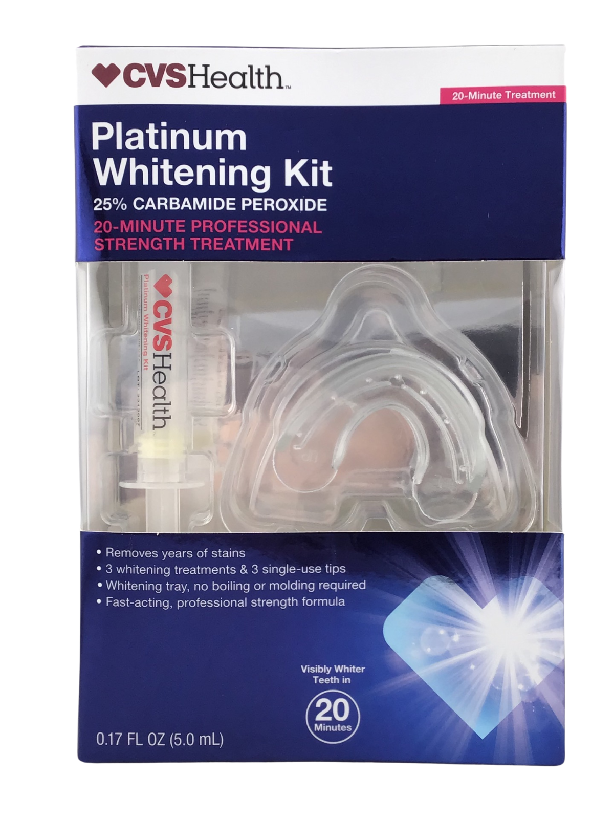 Platinum Teeth Whitening CVS Health Kit 20 mintue treatment 5 mL Exp 06