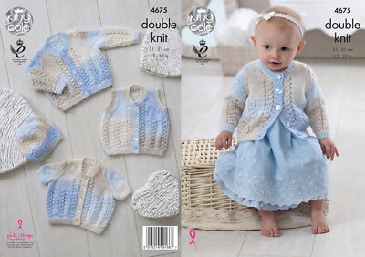Strickmuster Baby Spitzenstil Strickjacken Weste & Mütze King Cole DK 4675