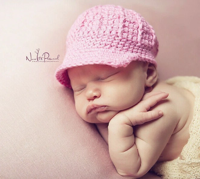 Hand Crochet Knitted Baby Hat Peaked Paperboy Baseball Pink Girl Newborn-12M