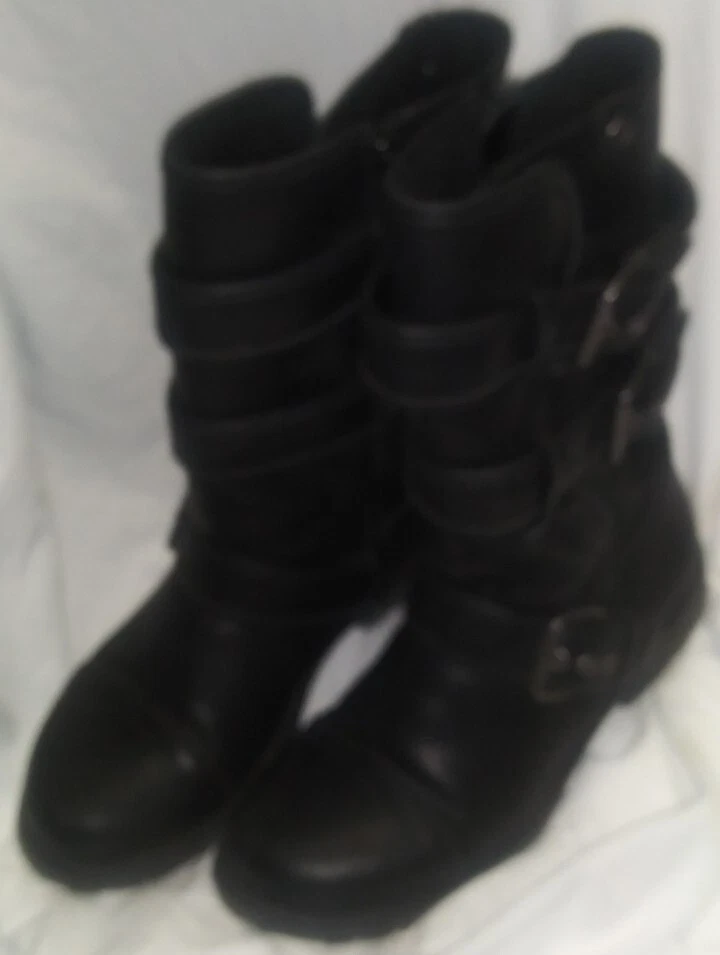 Roxy Martinez Black Combat Boots with Buckles on the side zipper
