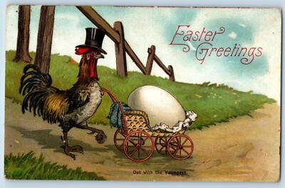 Easter Postcard Greetings Anthropomorphic Rooster Big Egg On Stroller Embossed