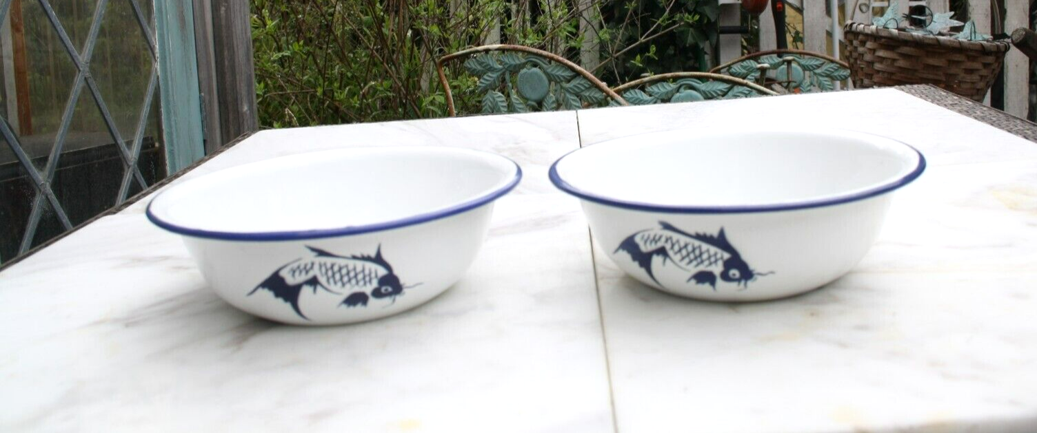 2 VTG Butterfly Brand Enamelware Cobalt Blue White Koi Fish 6" Rice