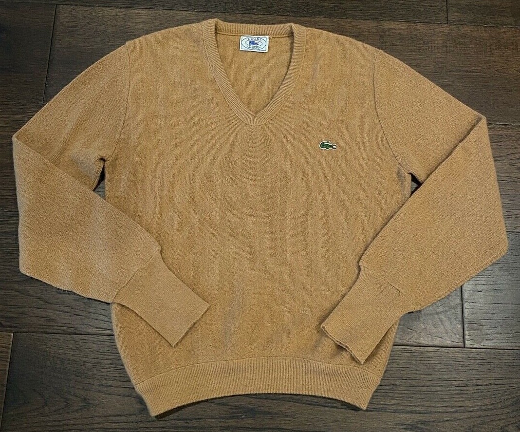 Vintage Izod Lacoste Beige Brown Long Sleeve Pullover Sweater V Neck