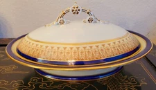 Royal China Works Worcester Cobalt Gold Covered Vegetable Tureen & Lid Set Rare!