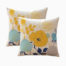 Floral Spring Summer Pillow Covers 18x18 Pack of 2 Thick Cotton Linen Outdoor...
