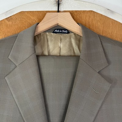 Giorgio Sanetti Suit Mens 44L Taupe Windowpane 2 Button Super 100s Wool 36x30