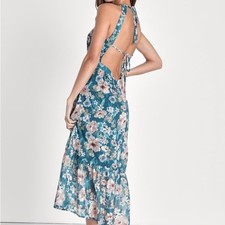 Lulus Pleasant Presence Teal Blue Floral Jacquard Tie-Back Midi Dress