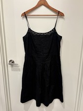 Ann Taylor LOFT sz 14 Black Dress Spaghetti Strap Dainty Pintuck Eyelet Cotton