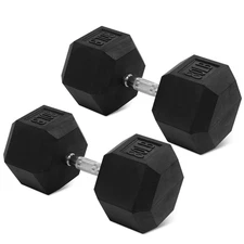 Rubber Encased Hex Dumbbell, 80 Lbs, Single, Black