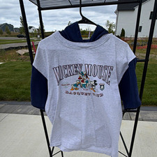 Disney Mickey Mouse Men’s Pullover Hoodie Gray/Blue Graphic Print Drawstring L