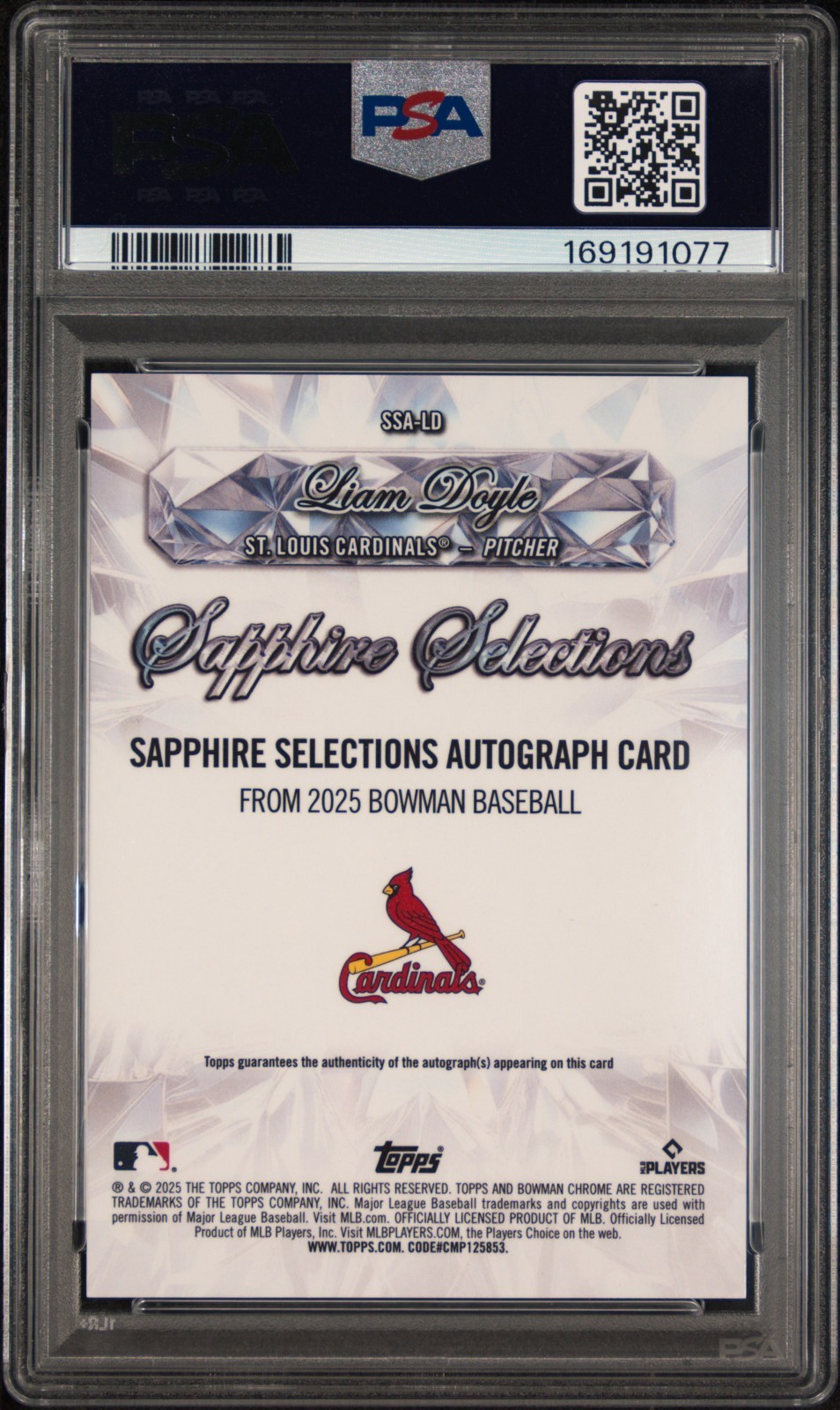 LIAM DOYLE 2025 BOWMAN CHROME DRAFT SAPPHIRE SELECTIONS AUTO PSA 10 view 2