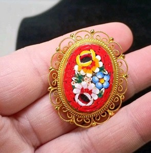 Vintage Italian Micro-Mosaic Red Floral Oval Pin in Gold-Tone Filigree