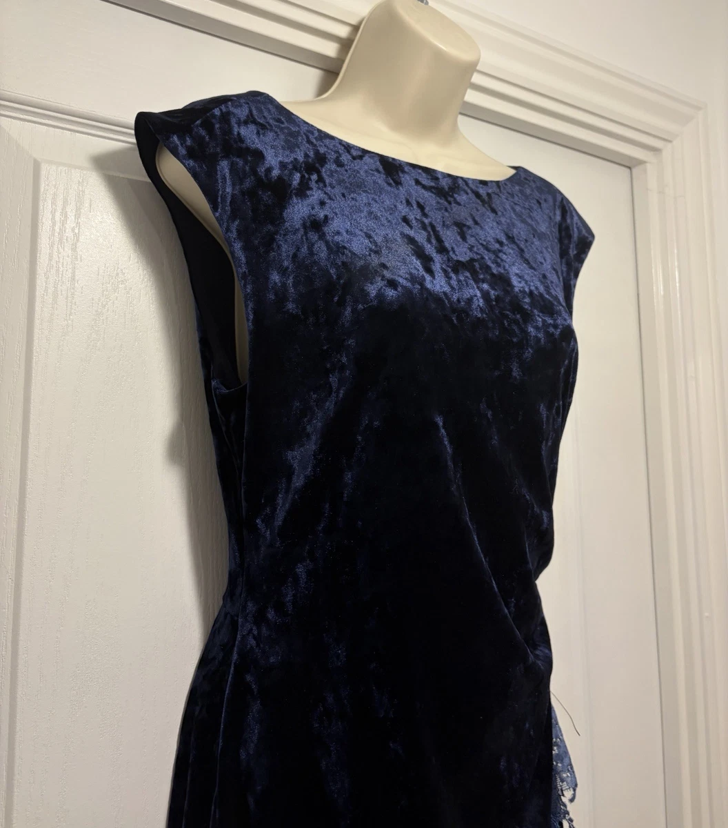 Vestido midi Adrianna Papell azul terciopelo encaje cuello barco sin mangas Reino Unido 12